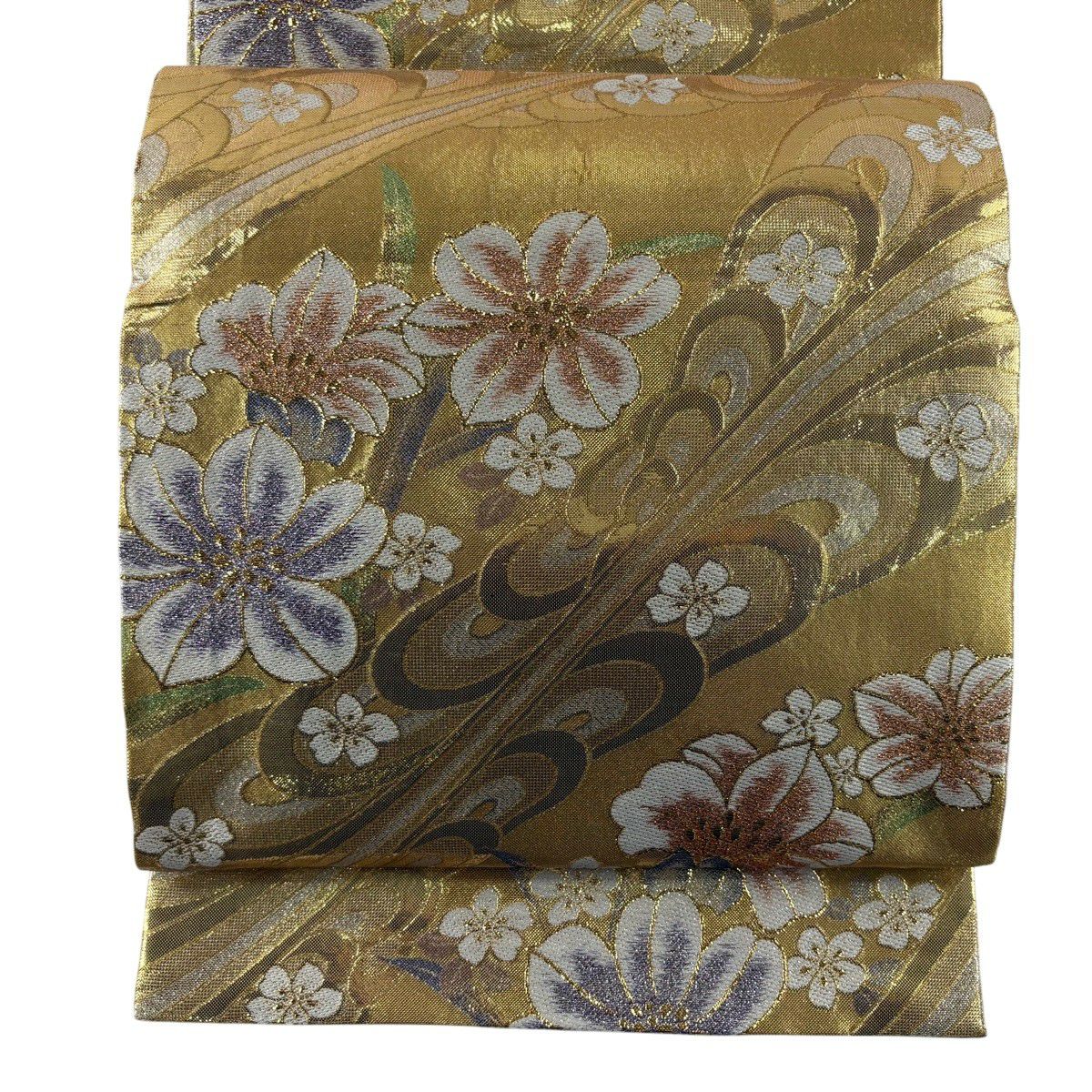 【美品】 袋帶 秀品級 草花紋 幾何圖案 刺繡 金金箔 金色 六通 純蠶絲