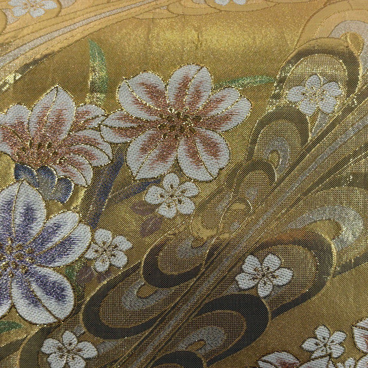 【美品】 袋帶 秀品級 草花紋 幾何圖案 刺繡 金金箔 金色 六通 純蠶絲