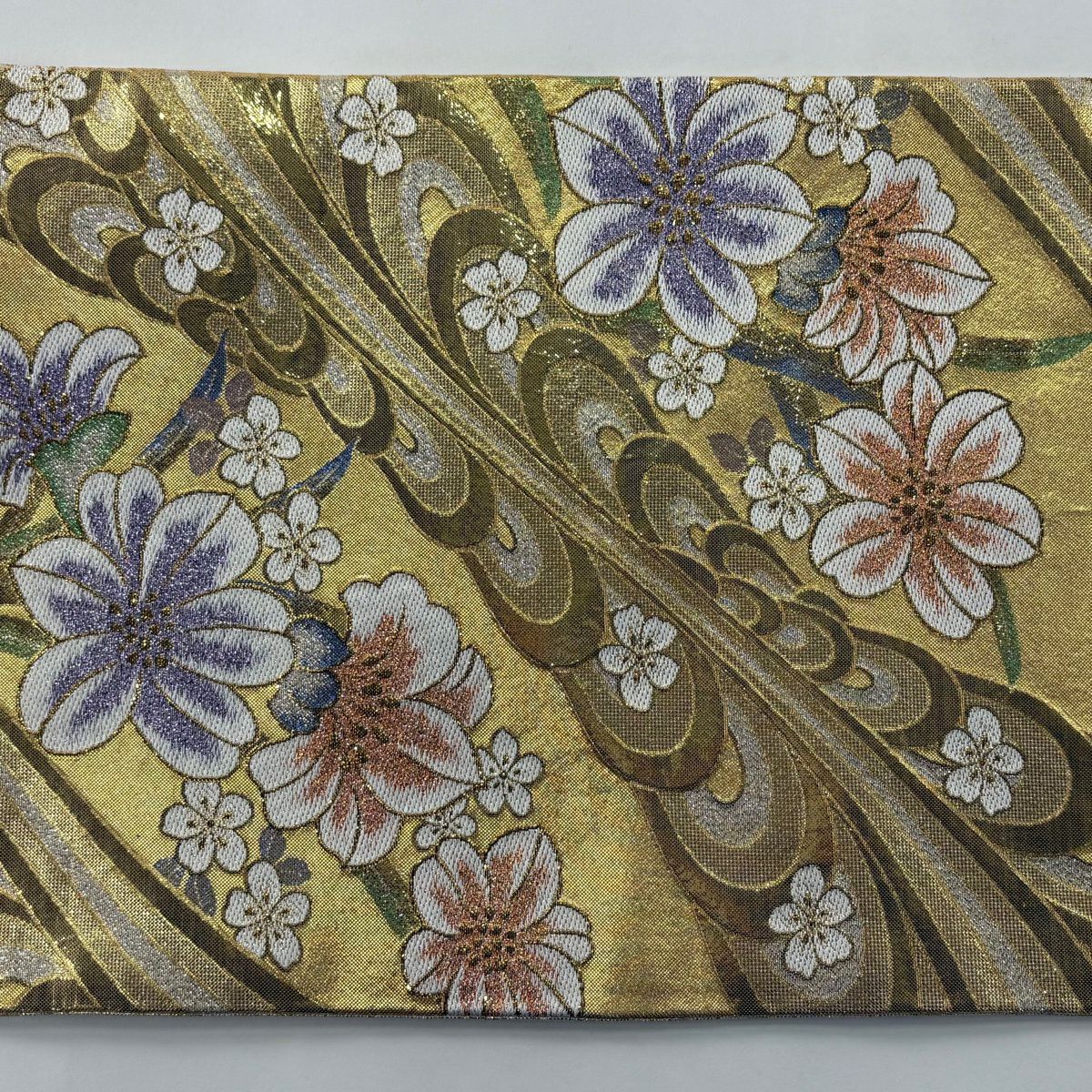 【美品】 袋帶 秀品級 草花紋 幾何圖案 刺繡 金金箔 金色 六通 純蠶絲