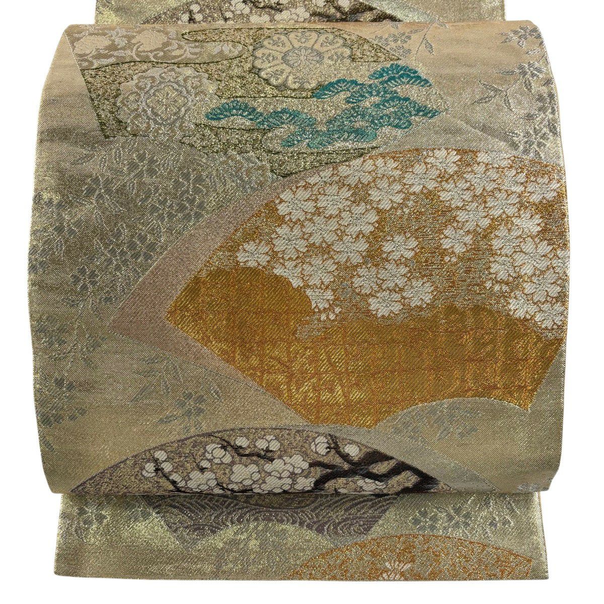 【美品】 袋帶 秀品級 扇子面 櫻花 金銀彩 金金箔 金色 六通 純蠶絲