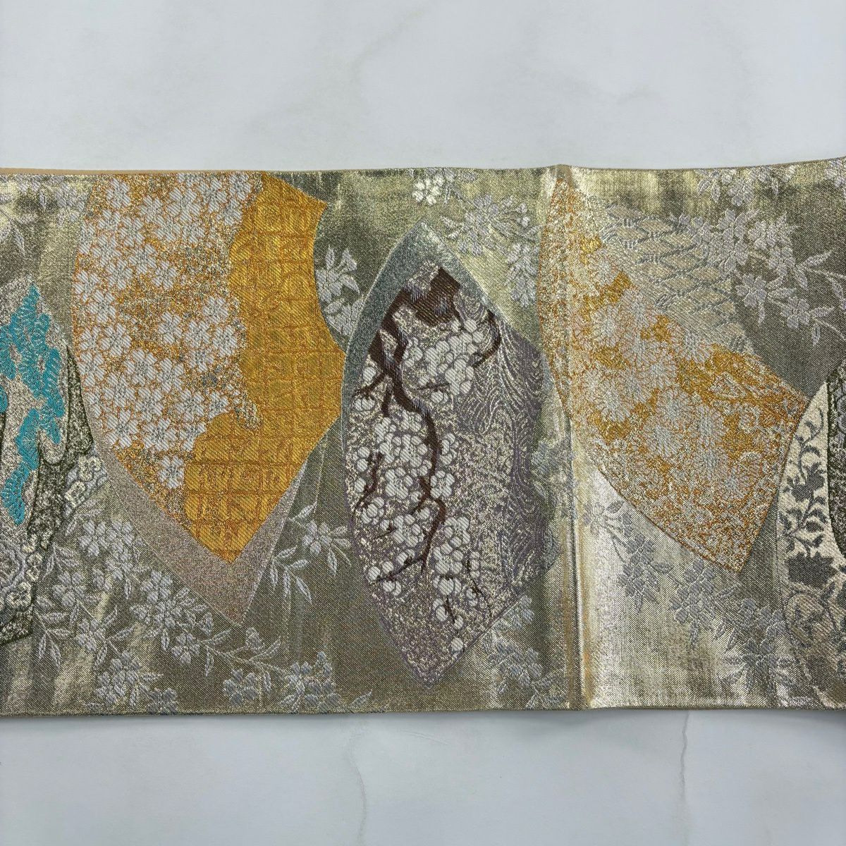 【美品】 袋帶 秀品級 扇子面 櫻花 金銀彩 金金箔 金色 六通 純蠶絲