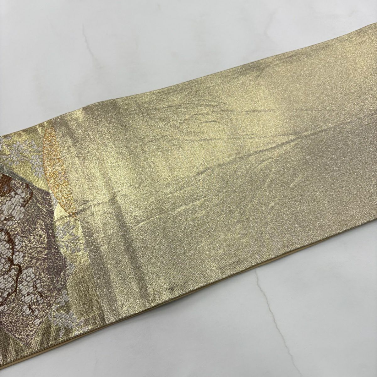 【美品】 袋帶 秀品級 扇子面 櫻花 金銀彩 金金箔 金色 六通 純蠶絲