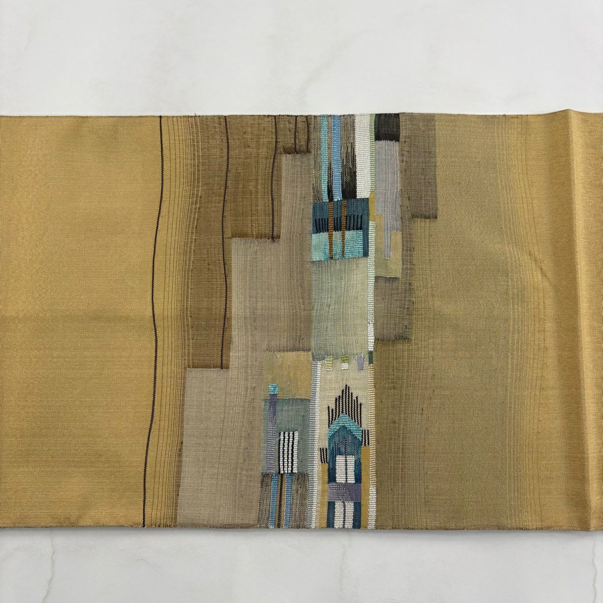 【美品】 袋帶 秀品級 幾何圖案 金絲 淺茶 細帶圖案 純蠶絲
