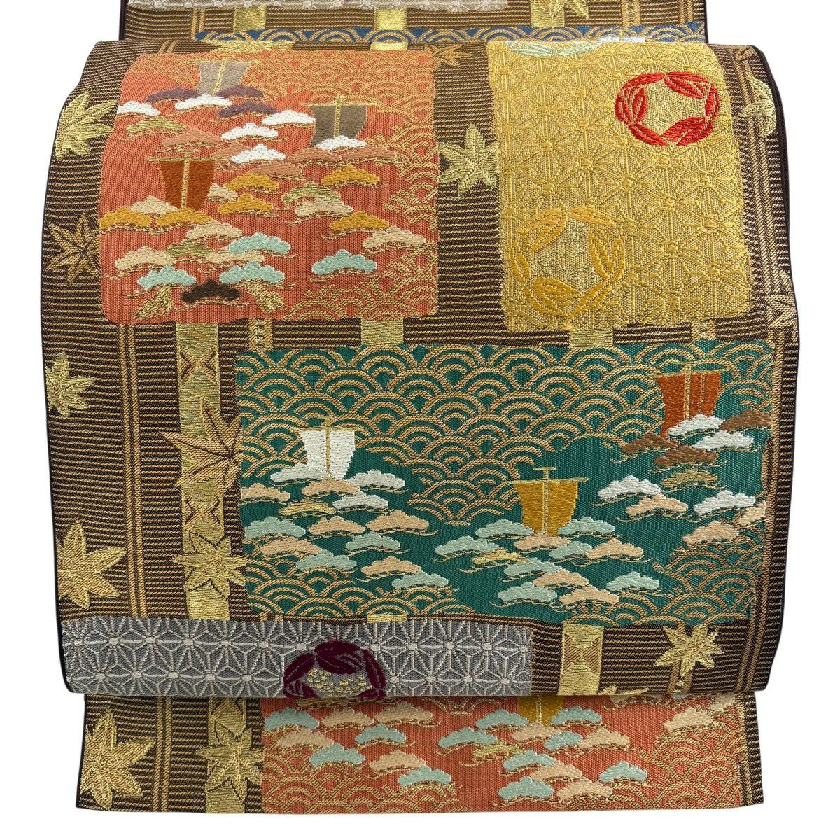【美品】 袋帶 秀品級 本袋帶 松樹 有職紋刺繡 金線 焦茶 六通 純蠶絲
