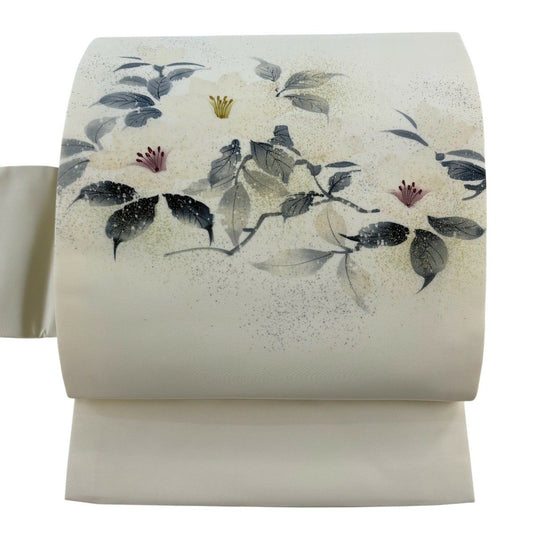名古屋帶 秀品級 草花紋 金銀彩 漸層 奶油色 純蠶絲
