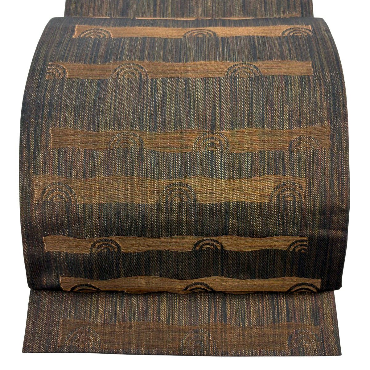 【美品】 袋帶 秀品級 渦卷 幾何圖案 金絲 焦茶 全通 純蠶絲
