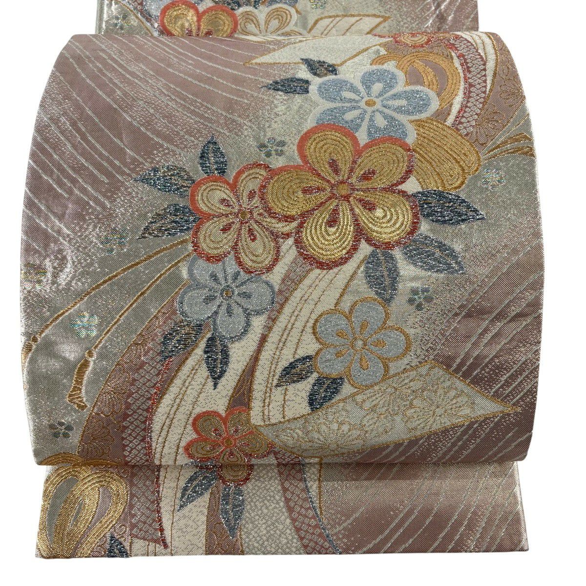 袋帶 秀品級 束帶熨斗紋 梅花 金絲 金金箔 淺小豆 六通 純蠶絲