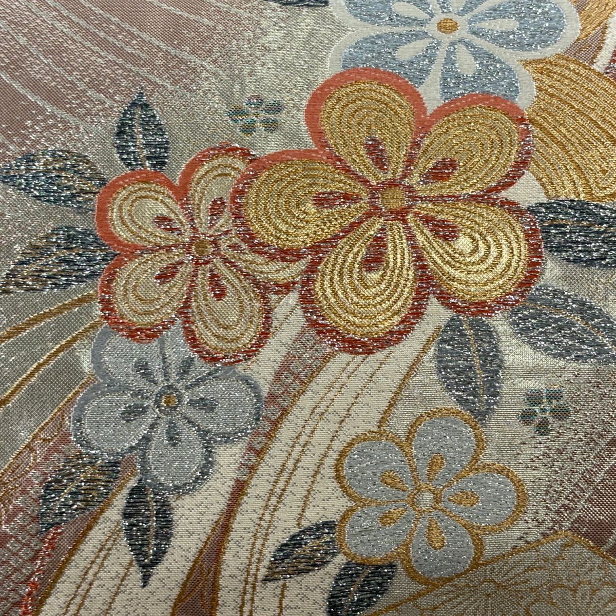 袋帶 秀品級 束帶熨斗紋 梅花 金絲 金金箔 淺小豆 六通 純蠶絲