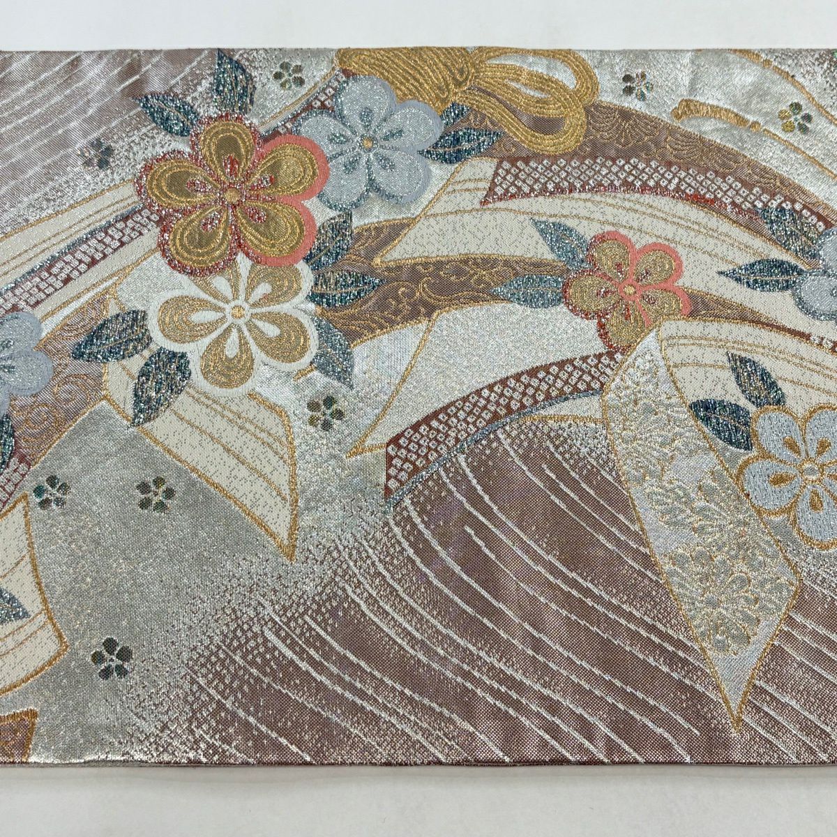 袋帶 秀品級 束帶熨斗紋 梅花 金絲 金金箔 淺小豆 六通 純蠶絲