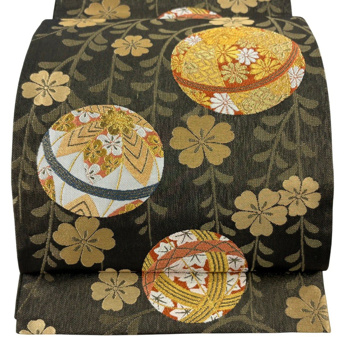 【美品】 袋帶 秀品級 手毬 櫻花 金銀彩 金金箔 焦茶 六通 純蠶絲