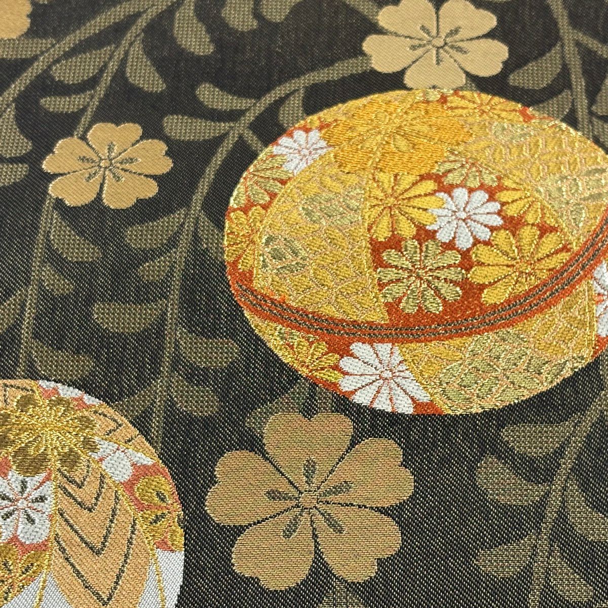 【美品】 袋帶 秀品級 手毬 櫻花 金銀彩 金金箔 焦茶 六通 純蠶絲
