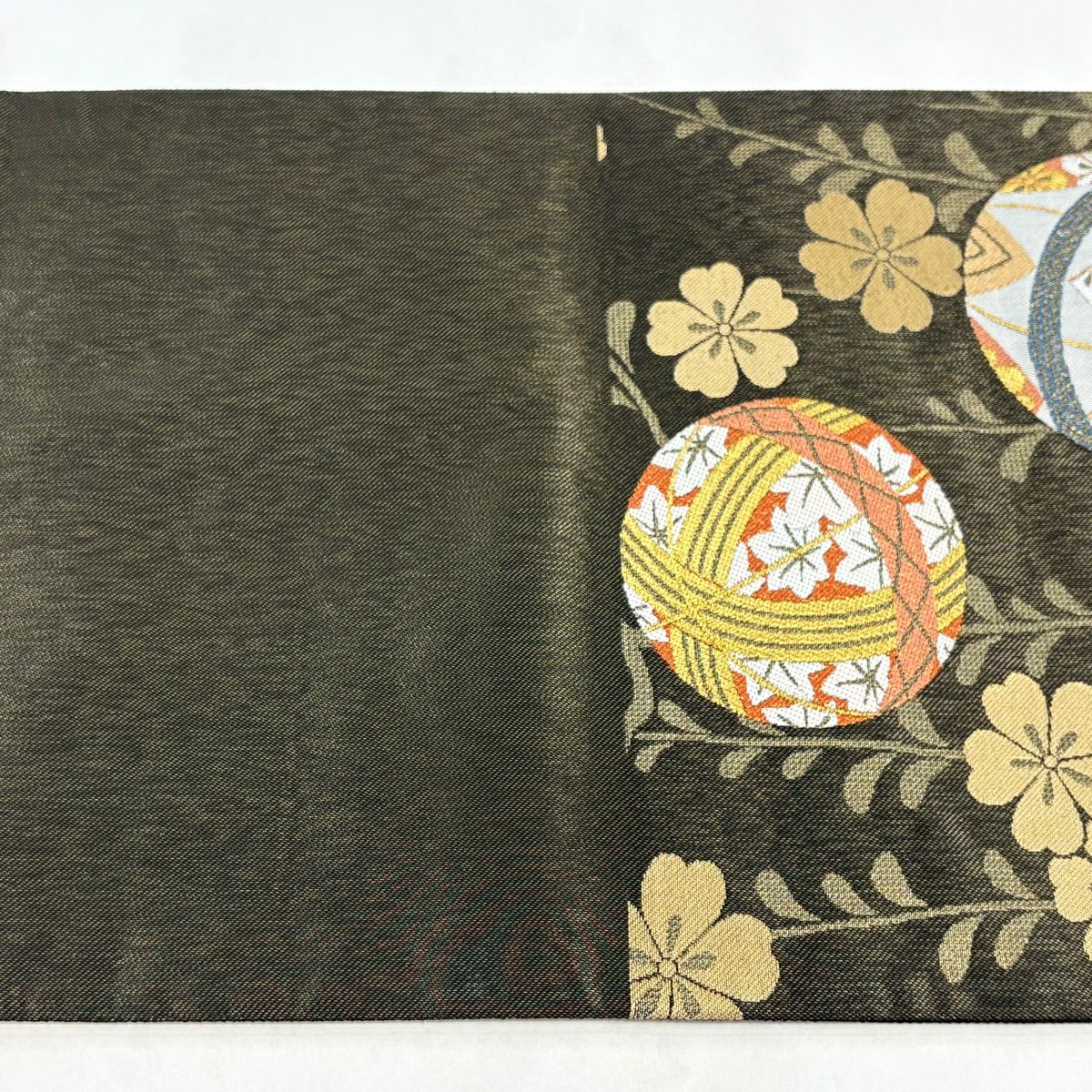 【美品】 袋帶 秀品級 手毬 櫻花 金銀彩 金金箔 焦茶 六通 純蠶絲