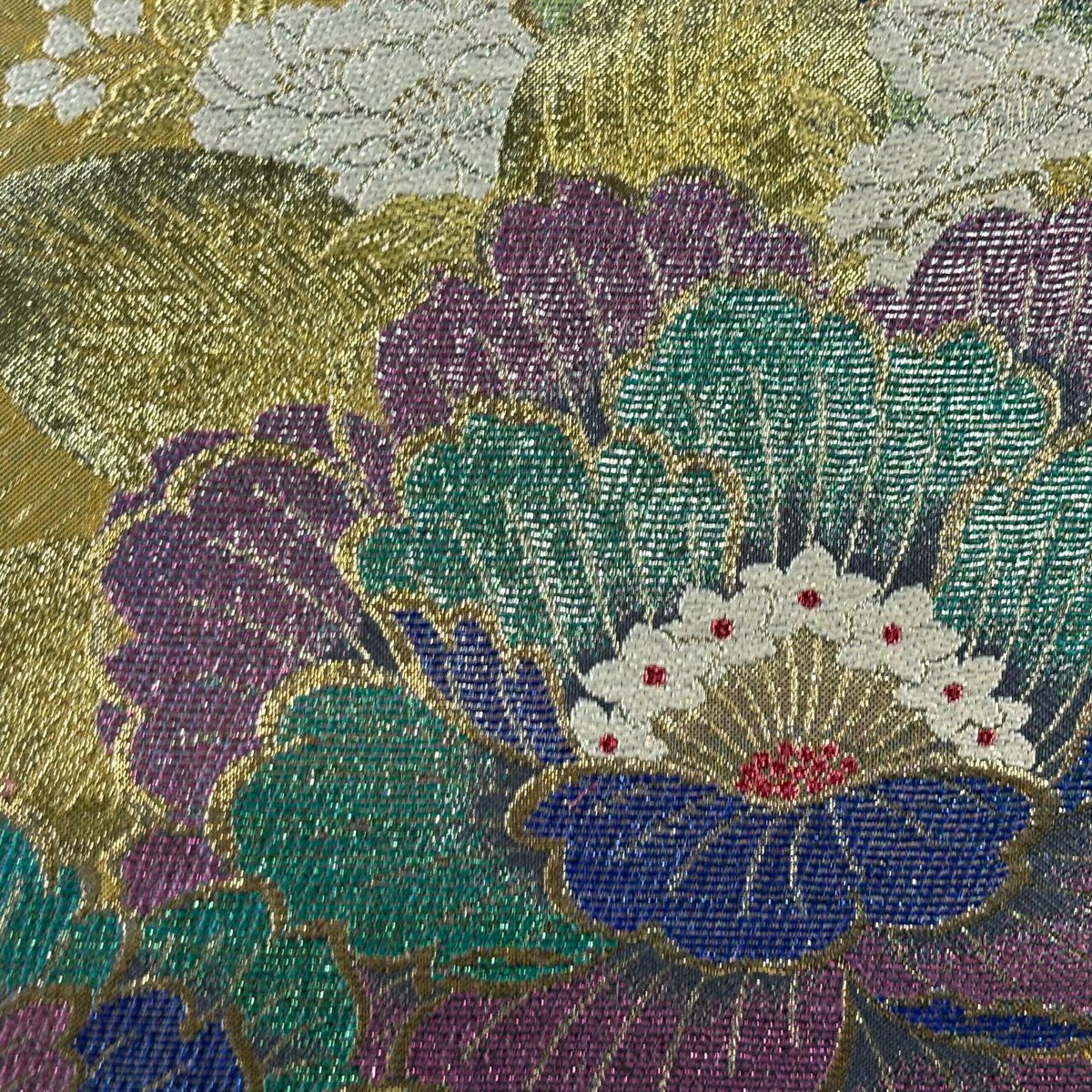 袋帶 秀品級 草花紋 葉柄 金金箔 金色 六通 純蠶絲