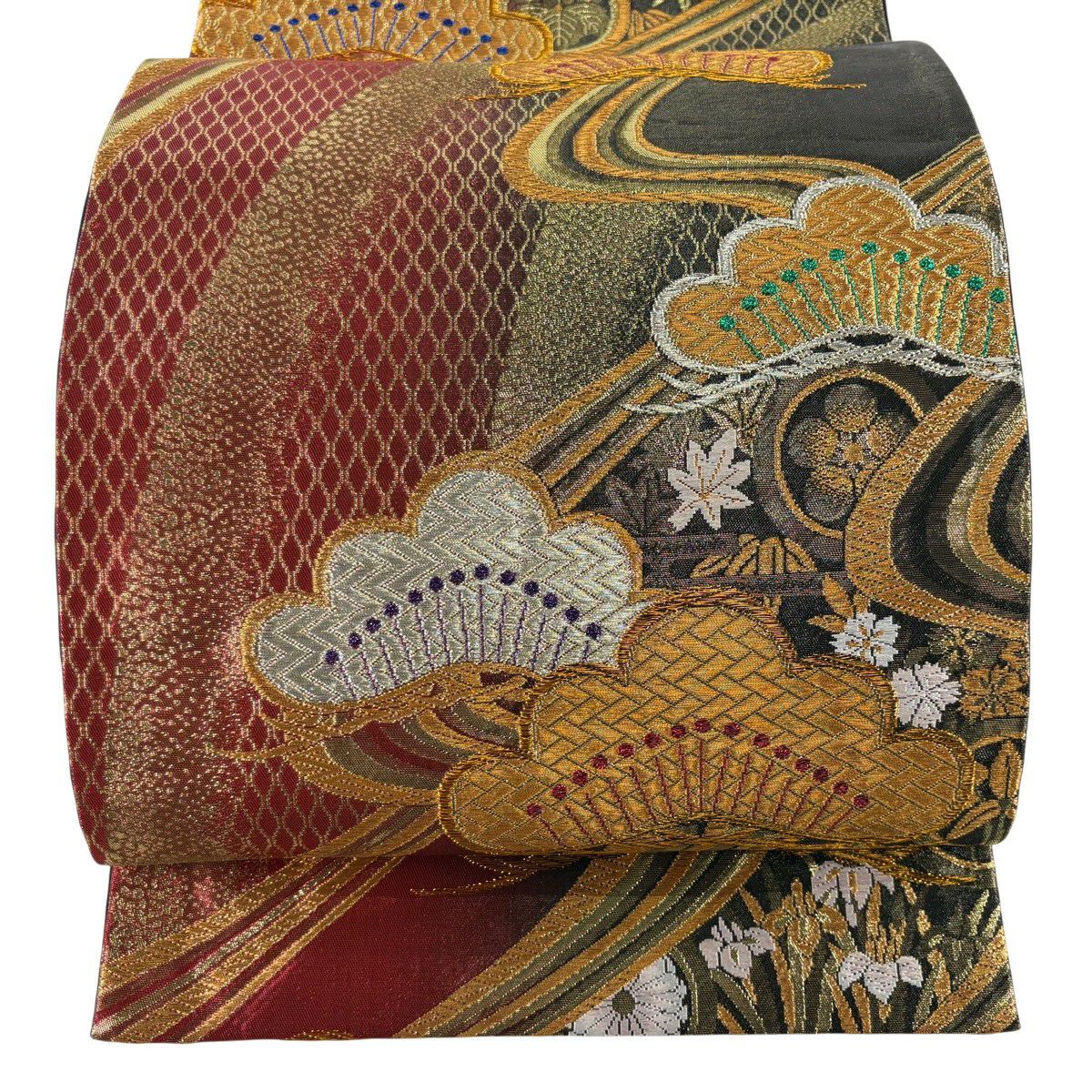 袋帶 秀品級 松樹竹子梅花 鎌倉文 金銀彩 金金箔 紅黑 六通 純蠶絲