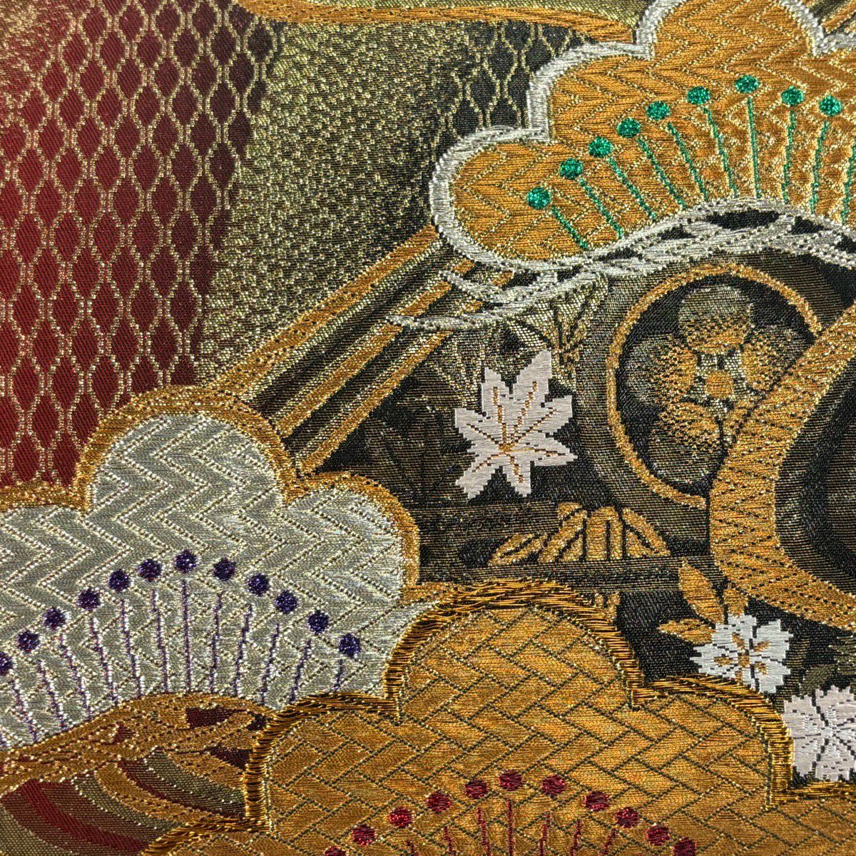 袋帶 秀品級 松樹竹子梅花 鎌倉文 金銀彩 金金箔 紅黑 六通 純蠶絲
