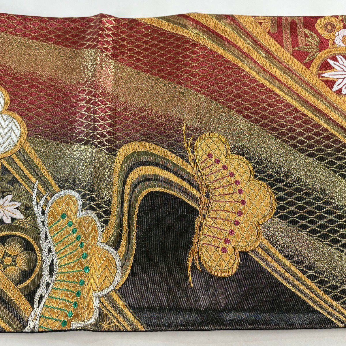 袋帶 秀品級 松樹竹子梅花 鎌倉文 金銀彩 金金箔 紅黑 六通 純蠶絲