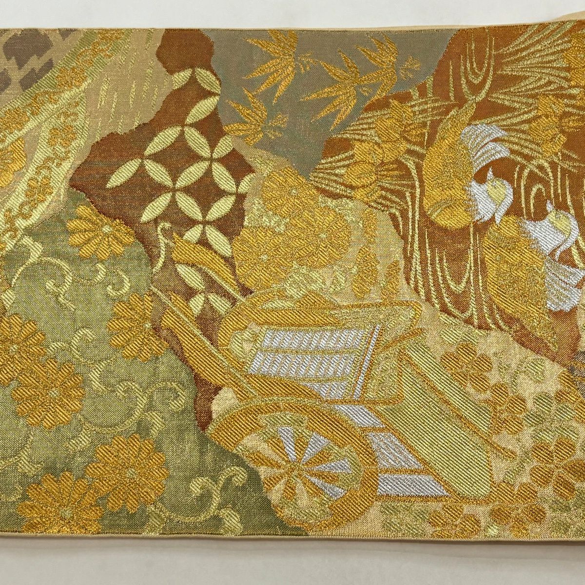 袋帶 秀品級 川島織物 落款 御所車 鴛鴦 金銀彩 金金箔 金色 六通 純蠶絲
