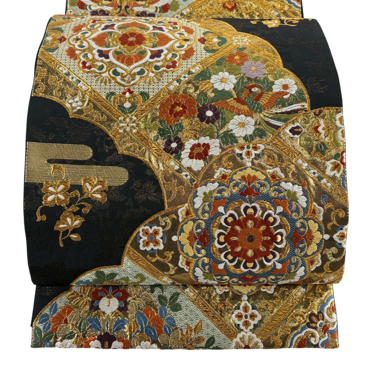 袋帶 秀品級 雲重疊格子花紋 純金金箔 刺繡 黑 六通 純蠶絲
