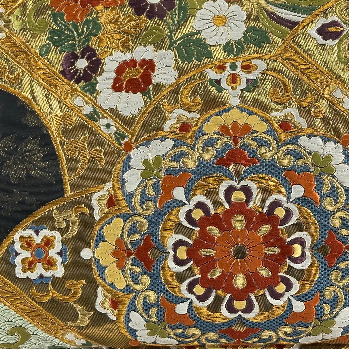 袋帶 秀品級 雲重疊格子花紋 純金金箔 刺繡 黑 六通 純蠶絲