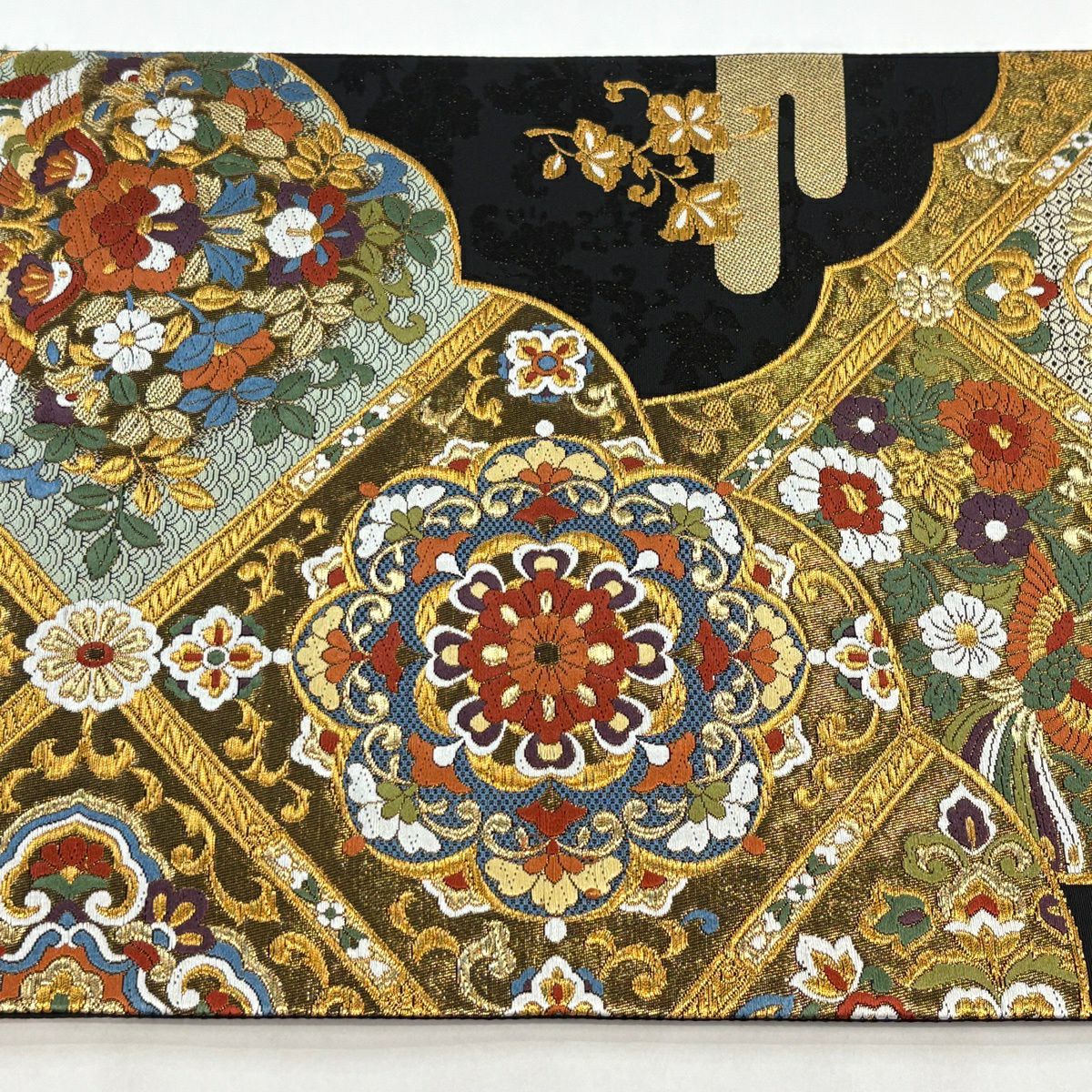 袋帶 秀品級 雲重疊格子花紋 純金金箔 刺繡 黑 六通 純蠶絲