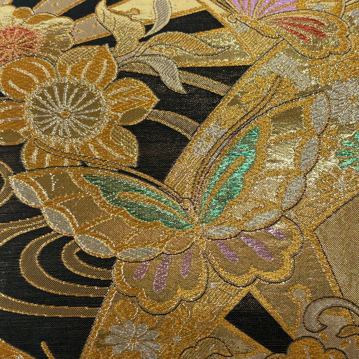 袋帶 秀品級 蝶 草花紋 金銀彩 金金箔 金色 六通 純蠶絲