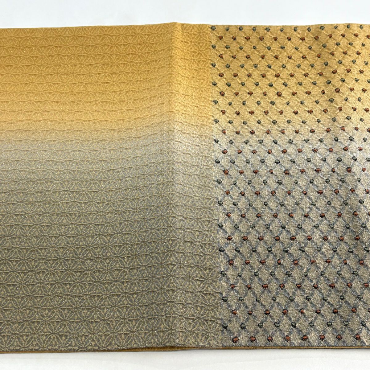 【美品】 袋帶 秀品級 幾何圖案 金金箔 灰 深藍 六通 純蠶絲
