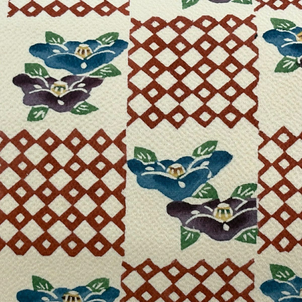 【美品】名古屋帶 秀品級 椿 變形市松樹 奶油色 純蠶絲
