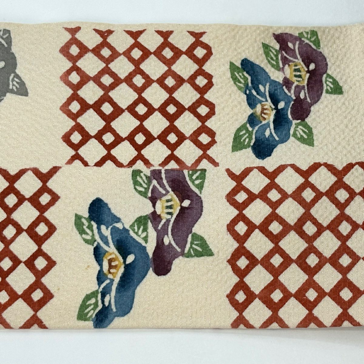 【美品】名古屋帶 秀品級 椿 變形市松樹 奶油色 純蠶絲