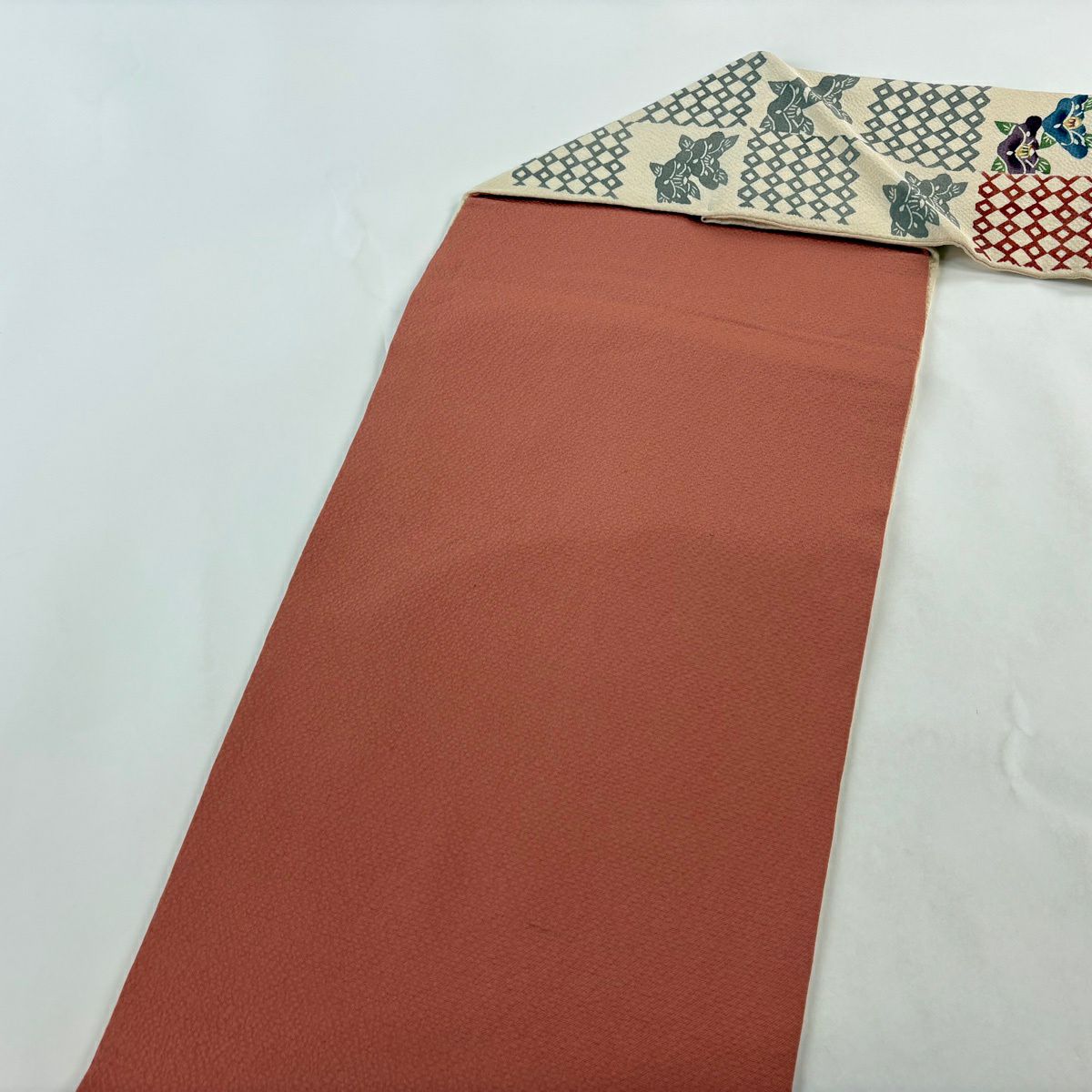 【美品】名古屋帶 秀品級 椿 變形市松樹 奶油色 純蠶絲