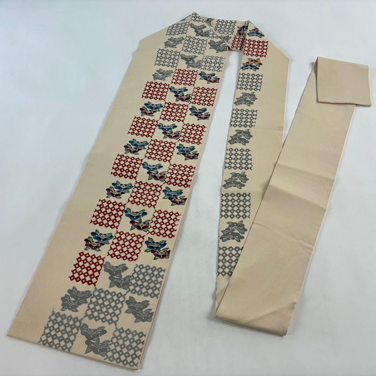 【美品】名古屋帶 秀品級 椿 變形市松樹 奶油色 純蠶絲