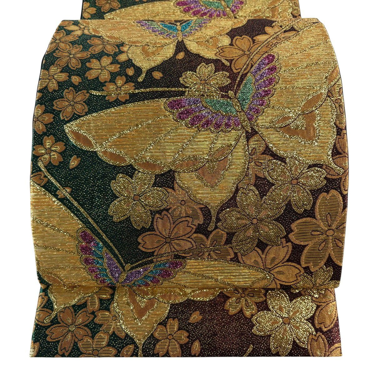 【美品】 袋帶 秀品級 蝴蝶 櫻花 金線 金金箔 深紅 六通 純蠶絲