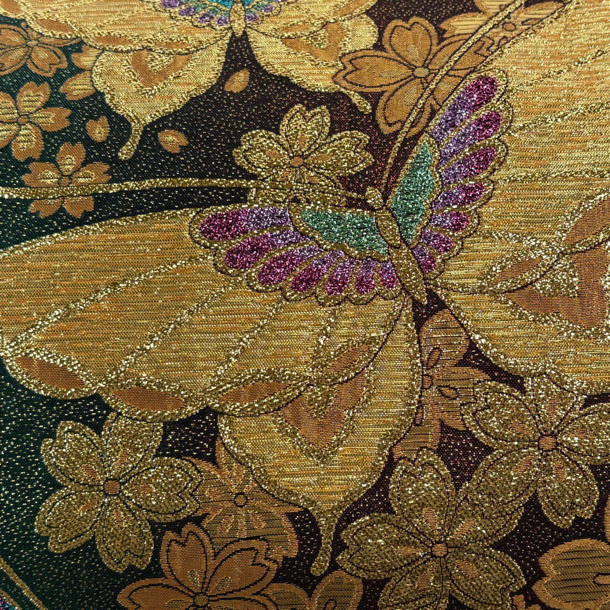 【美品】 袋帶 秀品級 蝴蝶 櫻花 金線 金金箔 深紅 六通 純蠶絲