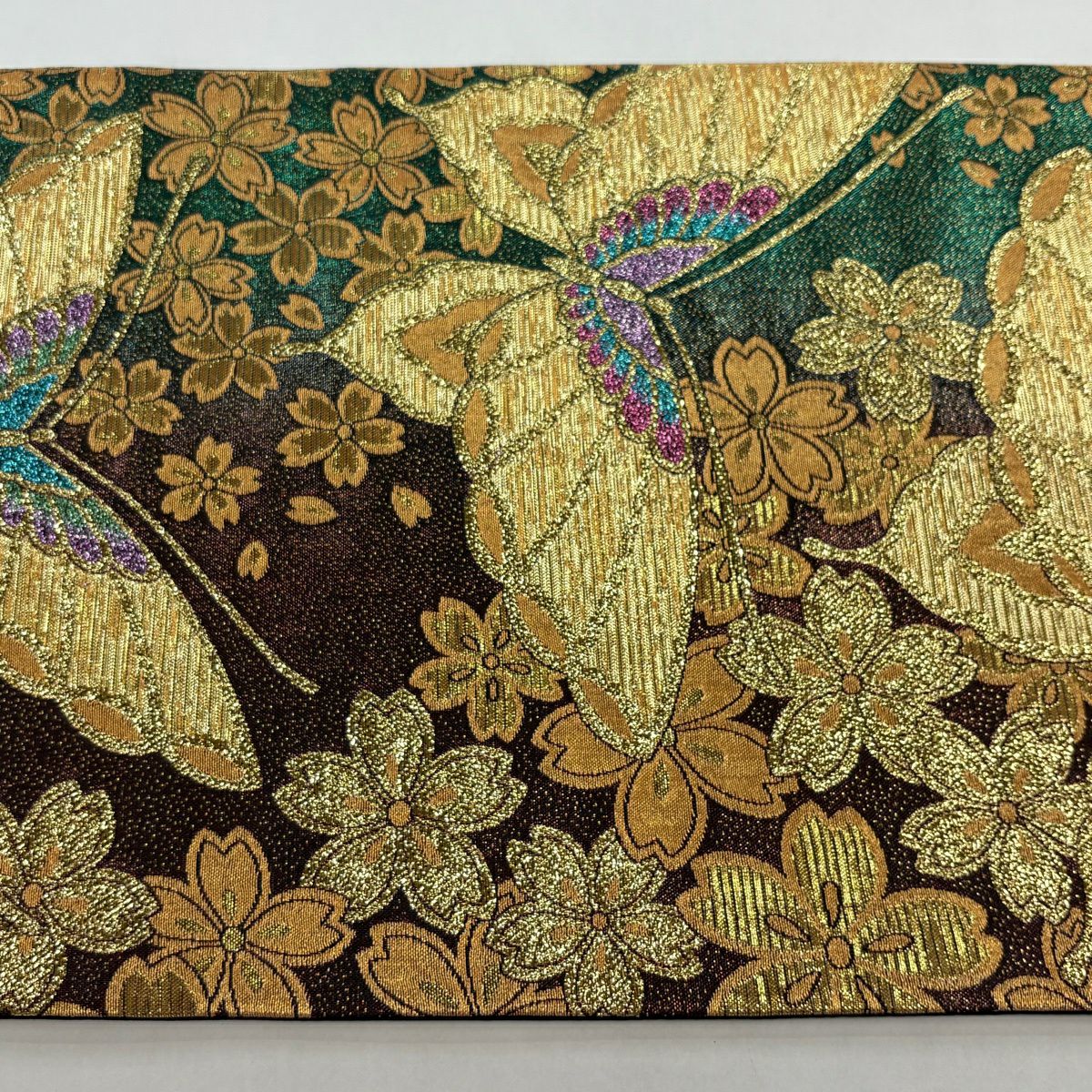 【美品】 袋帶 秀品級 蝴蝶 櫻花 金線 金金箔 深紅 六通 純蠶絲