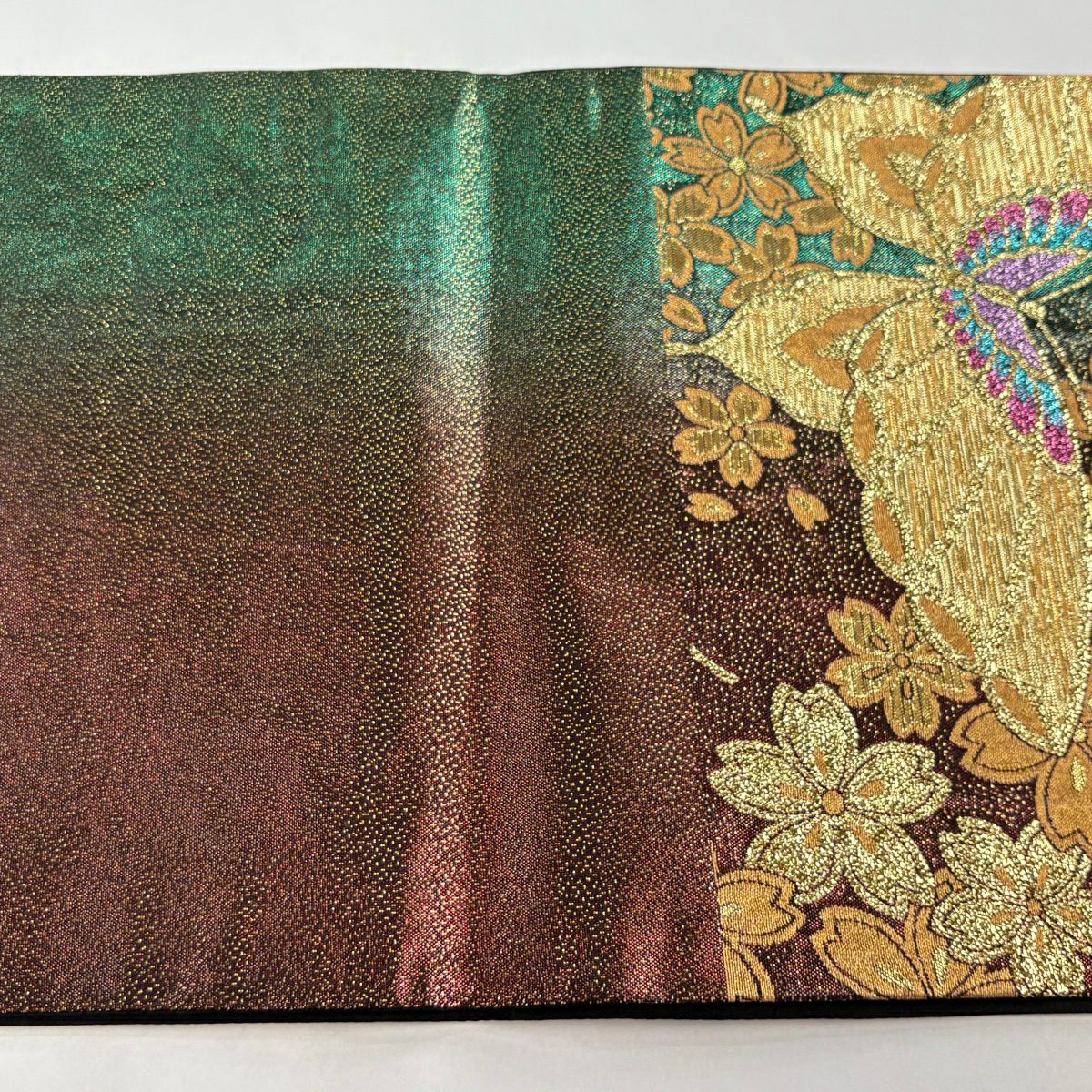 【美品】 袋帶 秀品級 蝴蝶 櫻花 金線 金金箔 深紅 六通 純蠶絲