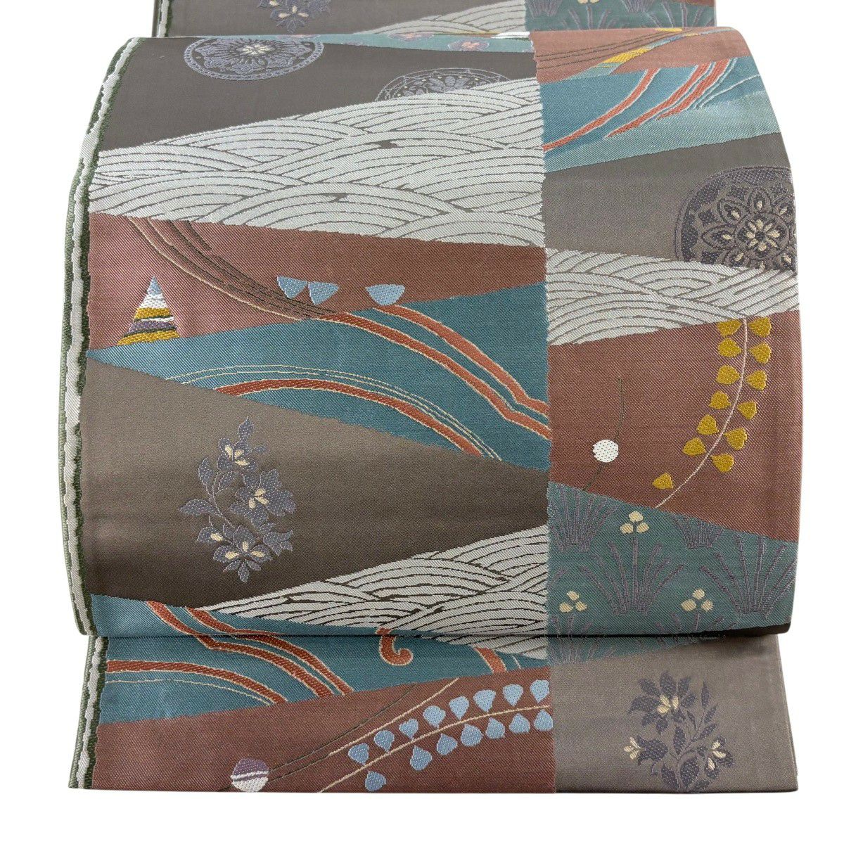 【美品】 袋帶 秀品級 草花紋紋 波浪 刺繡 灰紫 六通 純蠶絲