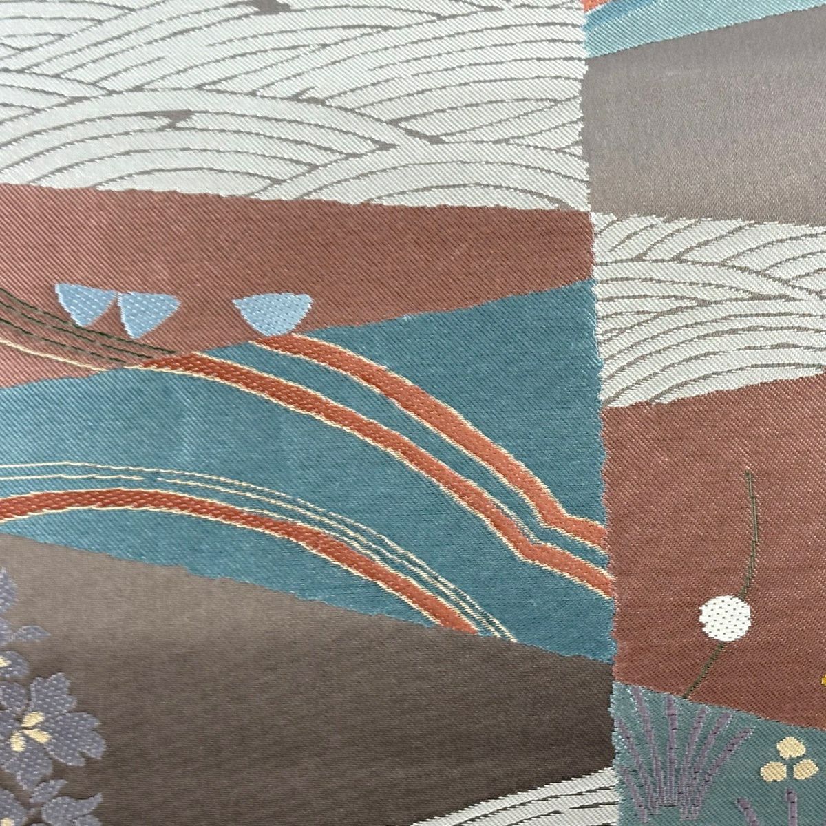 【美品】 袋帶 秀品級 草花紋紋 波浪 刺繡 灰紫 六通 純蠶絲