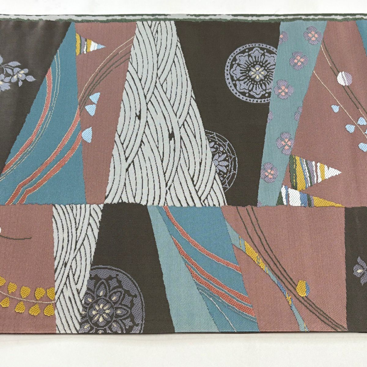 【美品】 袋帶 秀品級 草花紋紋 波浪 刺繡 灰紫 六通 純蠶絲