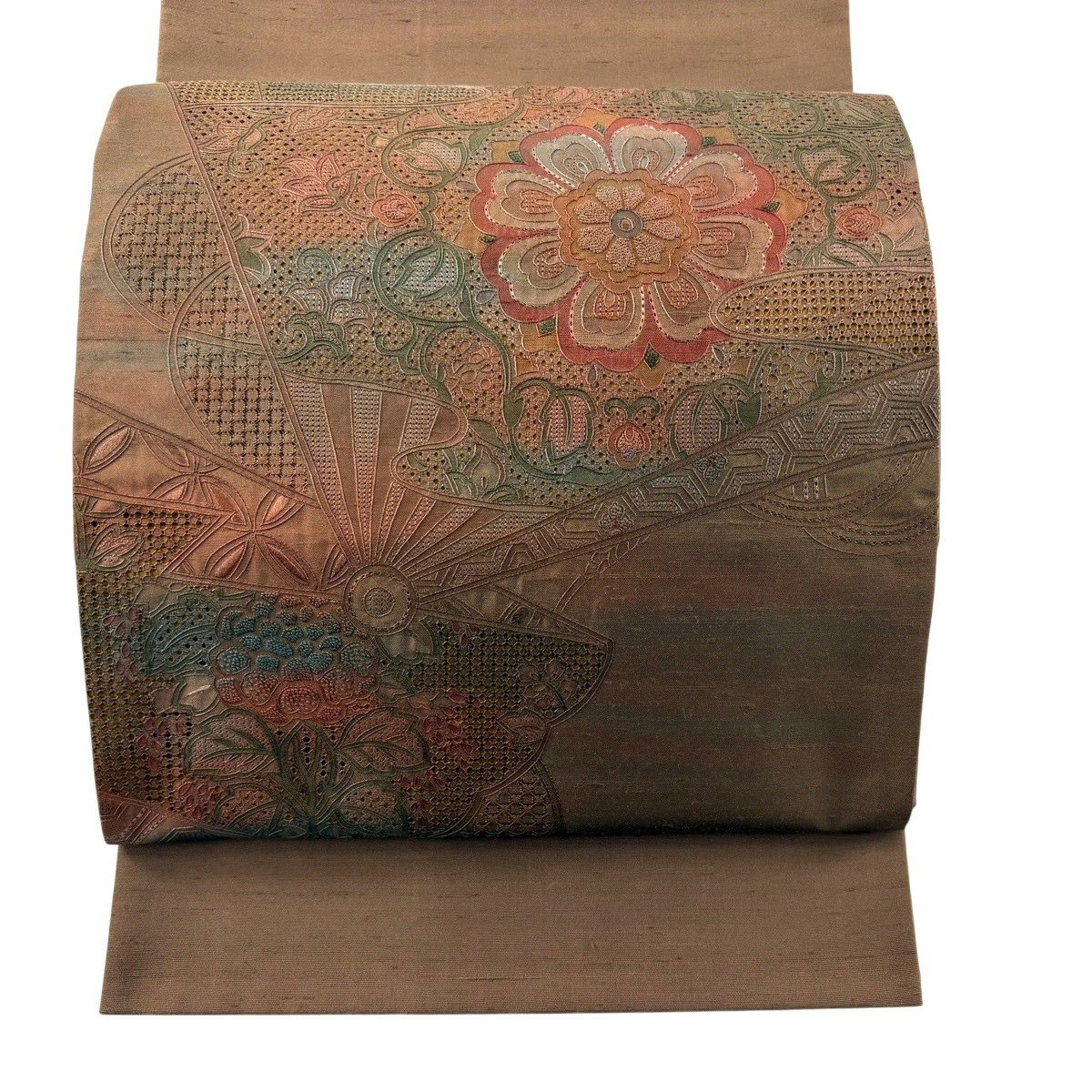 【美品】 袋帶 秀品級 紬織織 華紋 桧扇子 汕頭刺繡 漸層 茶 お太鼓圖案 純蠶絲