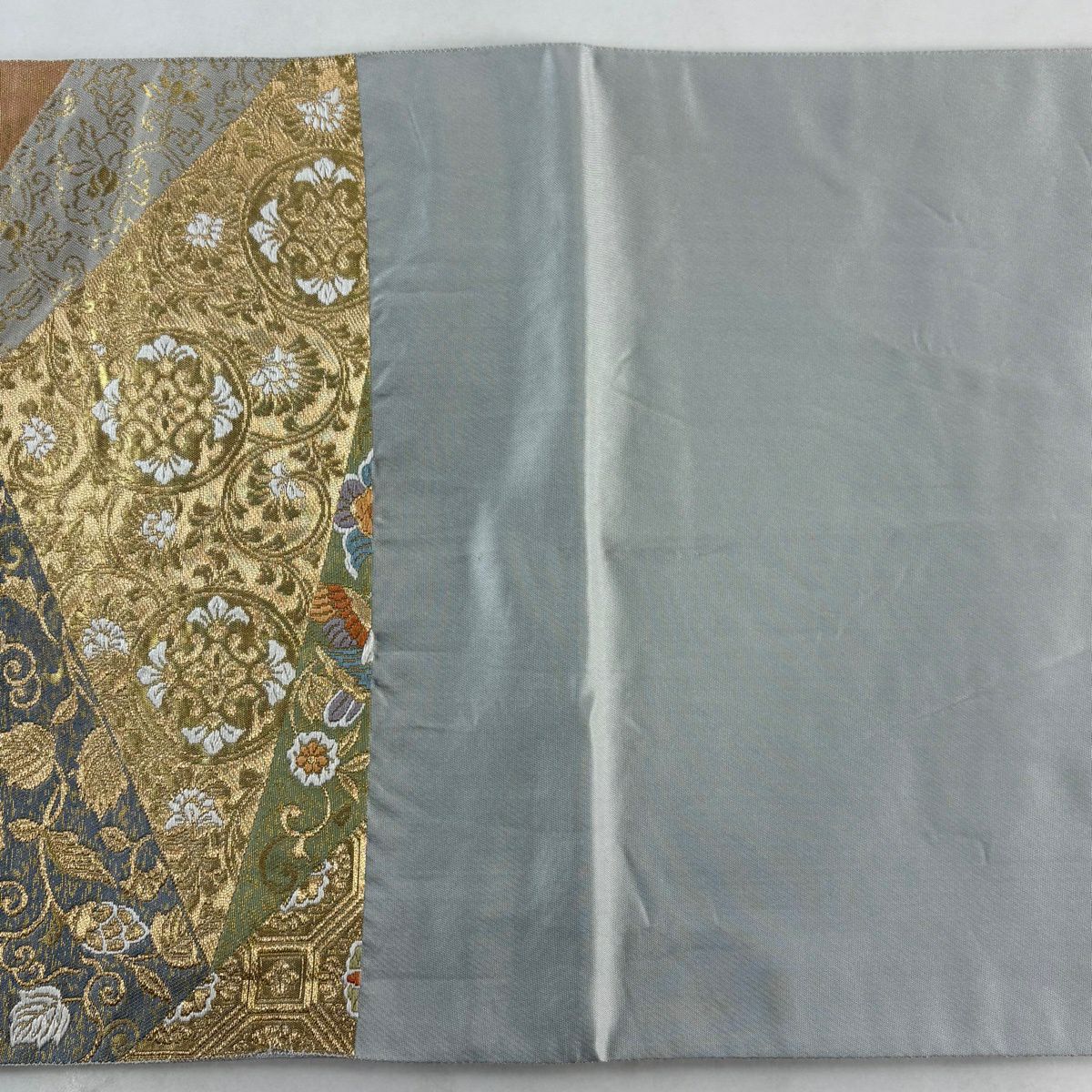 袋帶 秀品級 服部織物 附有落款 華紋 花鳥 金絲 金金箔 粉米色 六通 純蠶絲