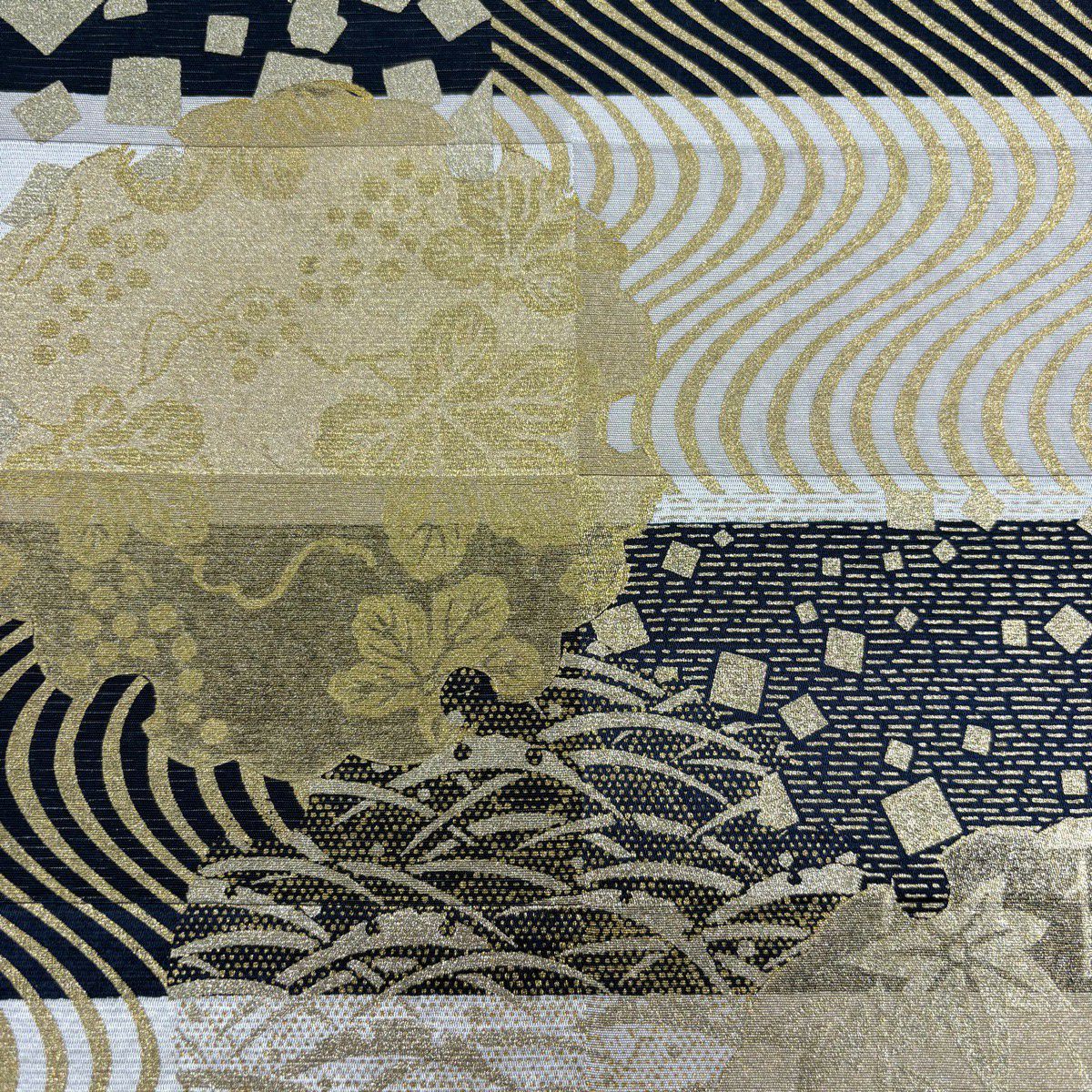 袋帶 秀品級 雪輪 金金箔散佈紋 金銀彩 灰茶 六通 純蠶絲