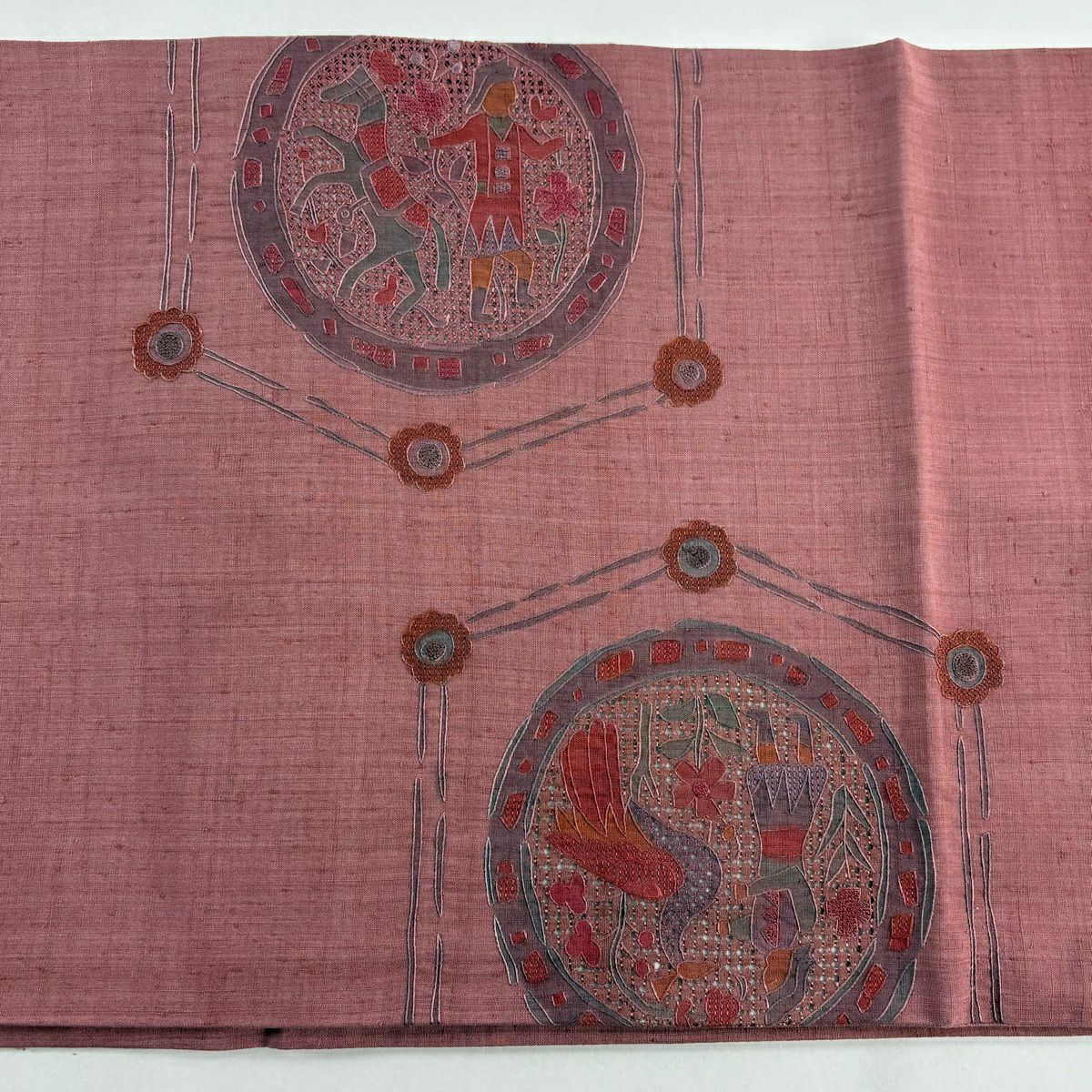 袋帶 秀品級 紬織織 人物 鳥 刺繡 紅紫 お太鼓圖案 純蠶絲