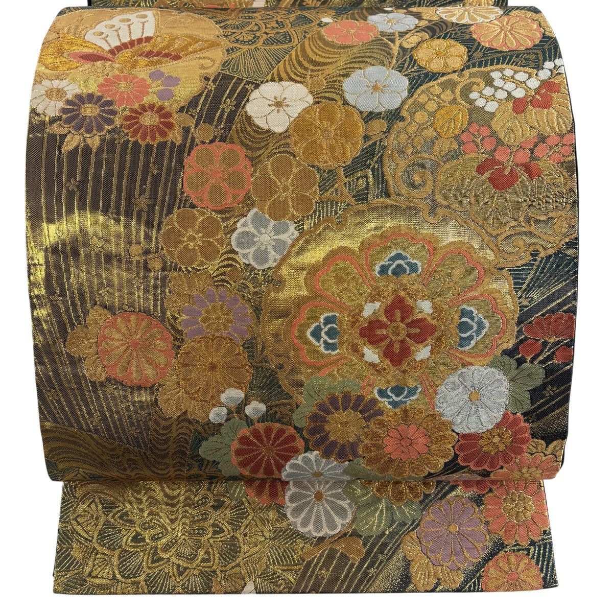 【美品】 袋帶 秀品級 織匠 華之舞 雪輪 菊花花 金銀彩 金色 六通 純蠶絲