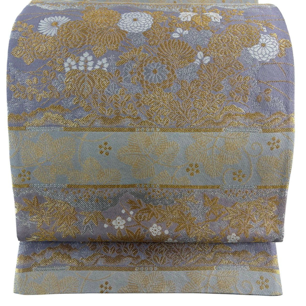 【美品】 袋帶 秀品級 菊花 松樹梅花 金銀線 淺紫 六通 純蠶絲
