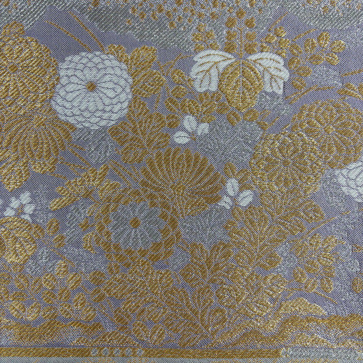 【美品】 袋帶 秀品級 菊花 松樹梅花 金銀線 淺紫 六通 純蠶絲
