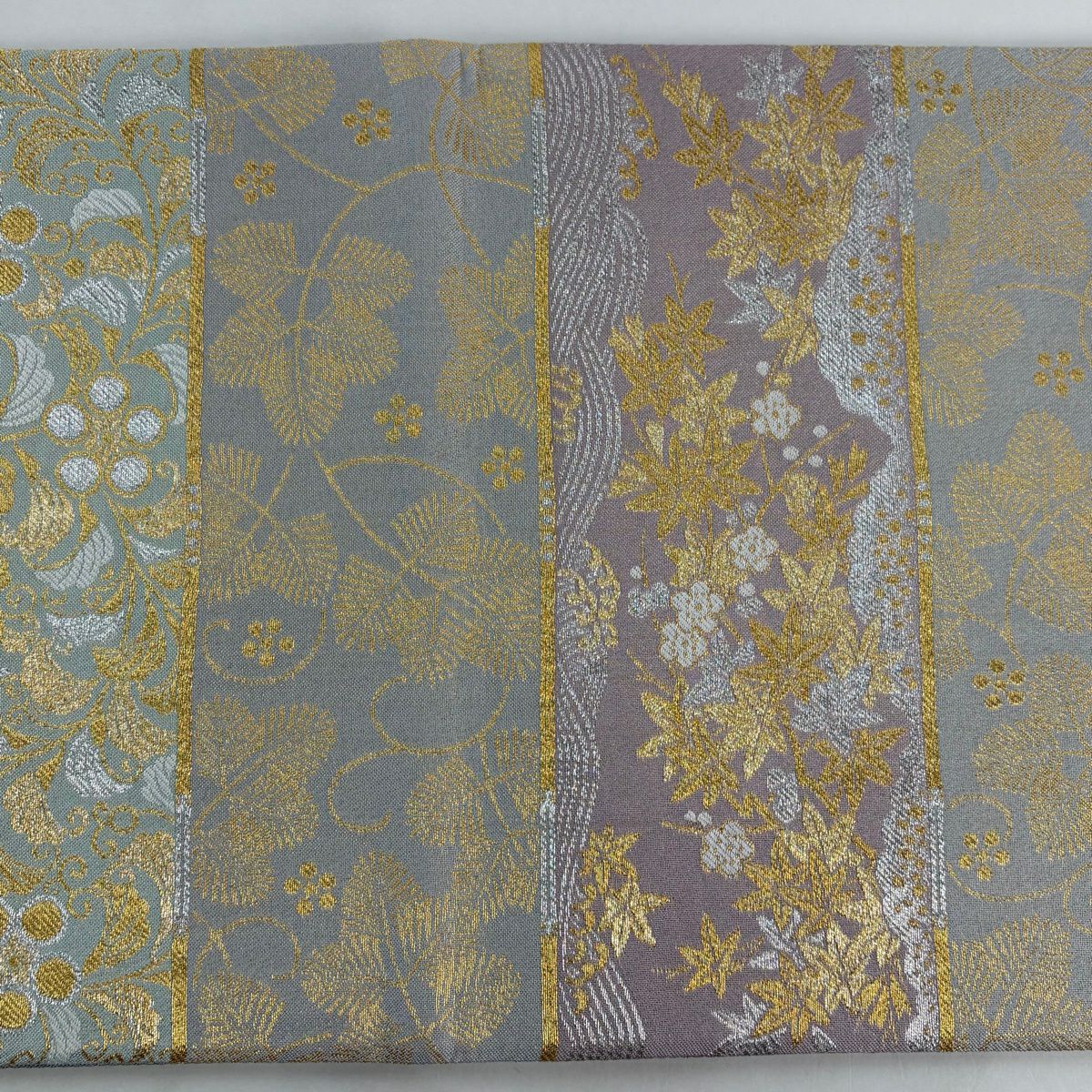 【美品】 袋帶 秀品級 菊花 松樹梅花 金銀線 淺紫 六通 純蠶絲