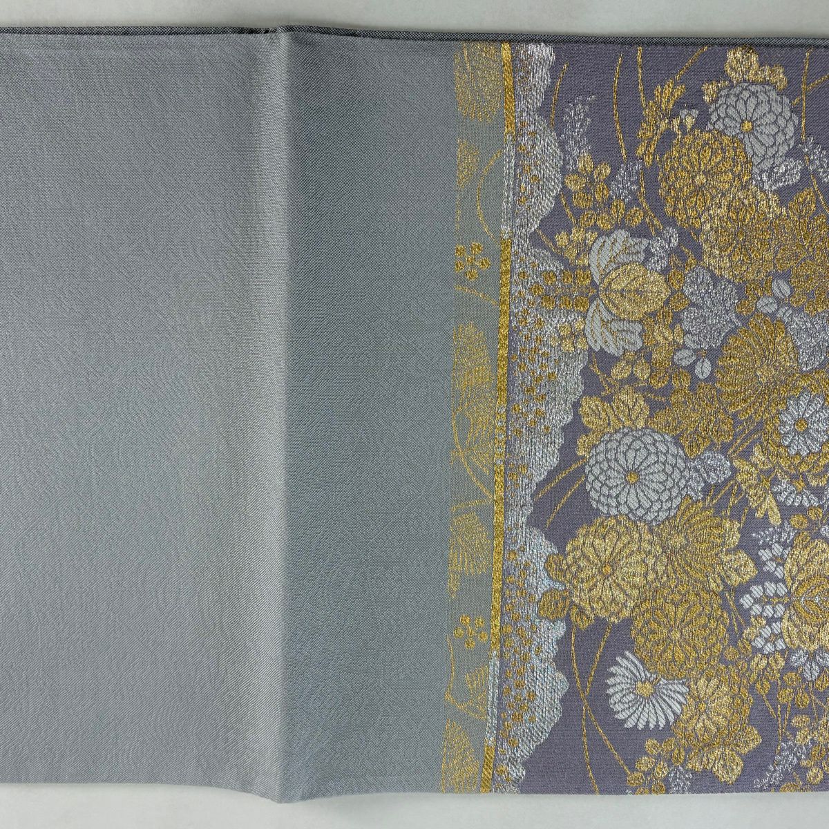 【美品】 袋帶 秀品級 菊花 松樹梅花 金銀線 淺紫 六通 純蠶絲