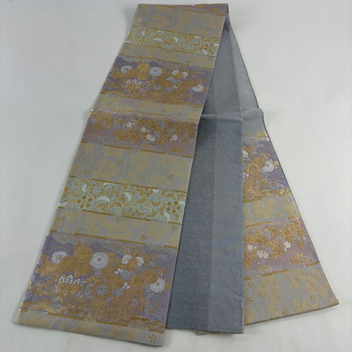 【美品】 袋帶 秀品級 菊花 松樹梅花 金銀線 淺紫 六通 純蠶絲