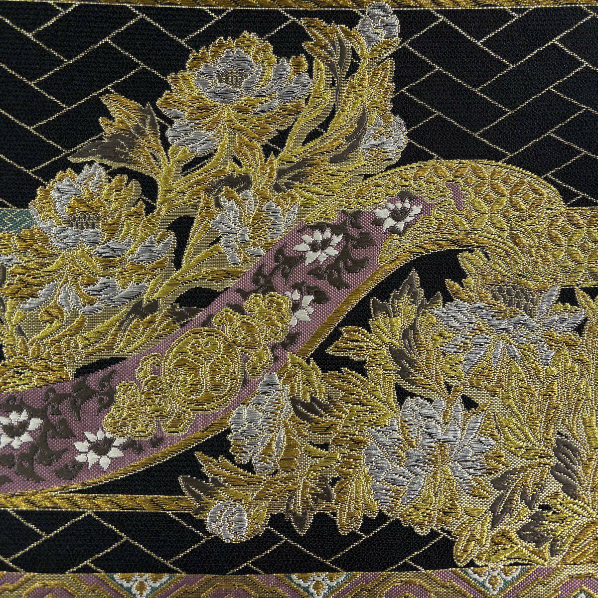 【美品】 袋帶 秀品級 草花紋紋 花菱 金銀彩 金金箔 黑 六通 純蠶絲