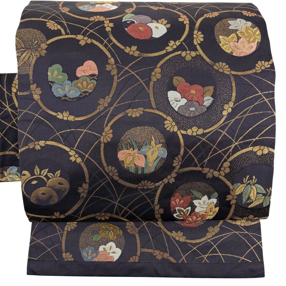 【美品】 名古屋帶 秀品級 松樹竹子梅花 圓文 金銀絲 金金箔 深紫 純蠶絲