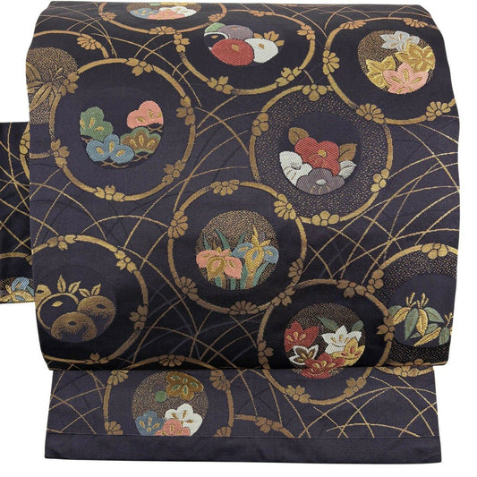 【美品】 名古屋帶 秀品級 松樹竹子梅花 圓文 金銀絲 金金箔 深紫 純蠶絲
